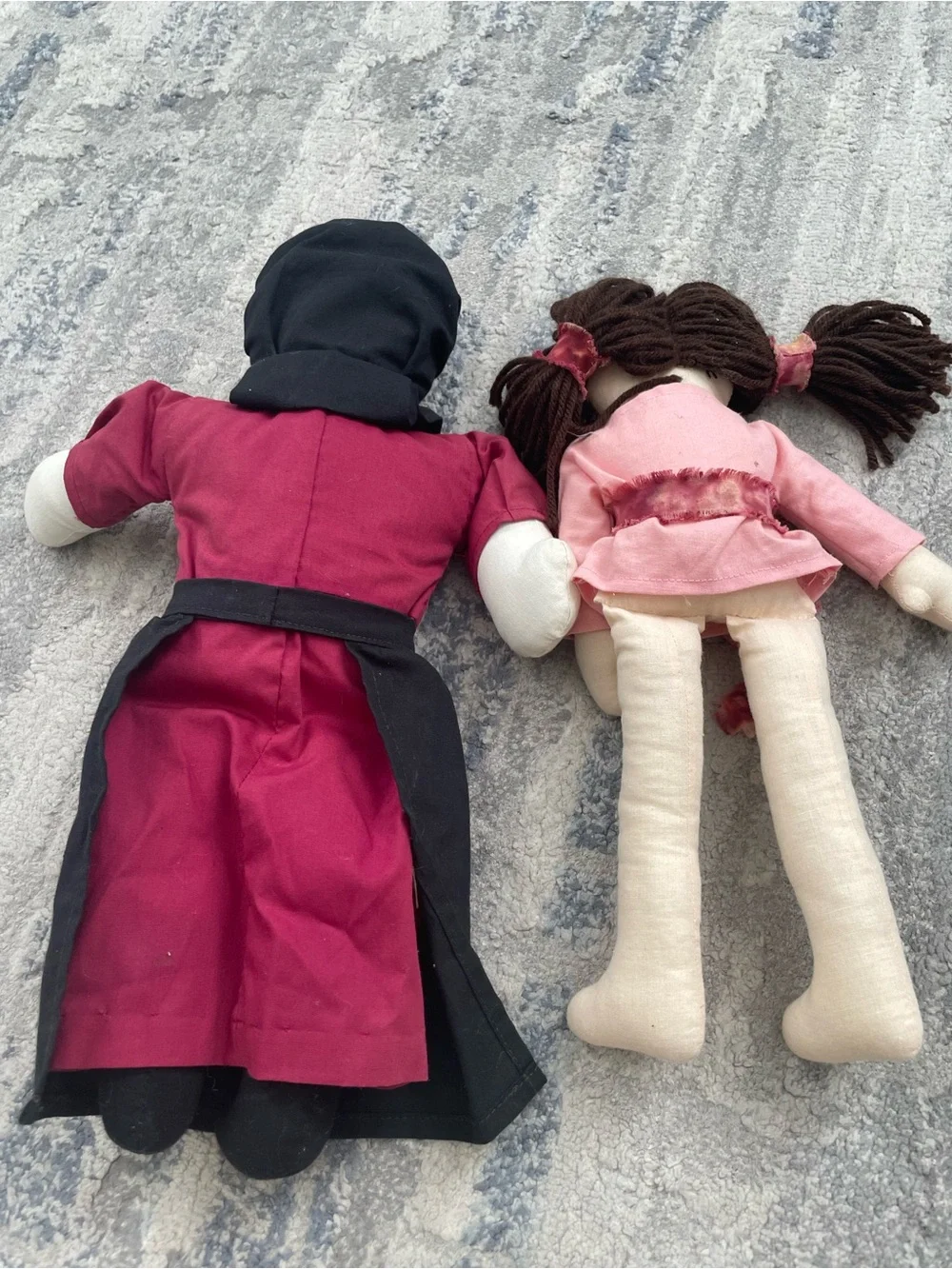 Lot of 2 Handmade Style Rag Cloth Girl Dolls Brown Straight Hair Black Eyes